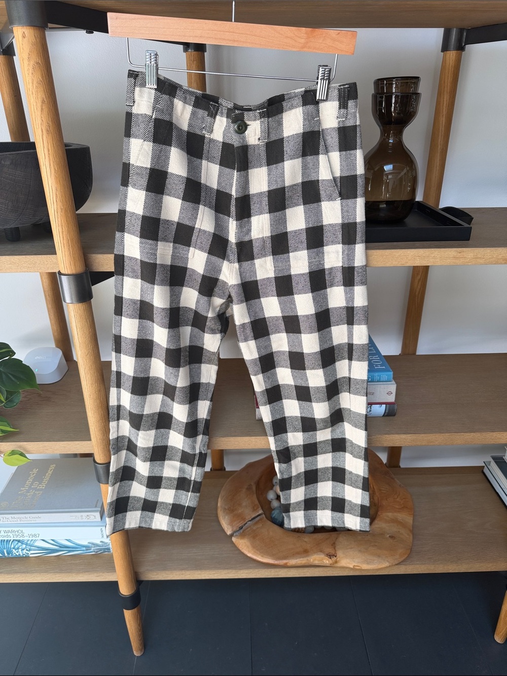 THE GREAT. Charcoal & cream Buffalo Check Twill Pants